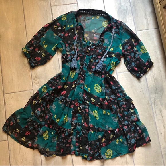 Love stitch patchwork floral overlay babydoll tunic dress in green black. Size S - Picture 2 of 7
